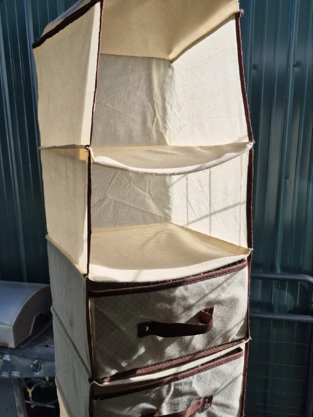 Hanging Fabric Closet Organizer with Beige and Gray Storage Drawers